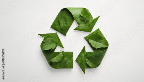 Green recycling symbol made of leaves on a textured white background