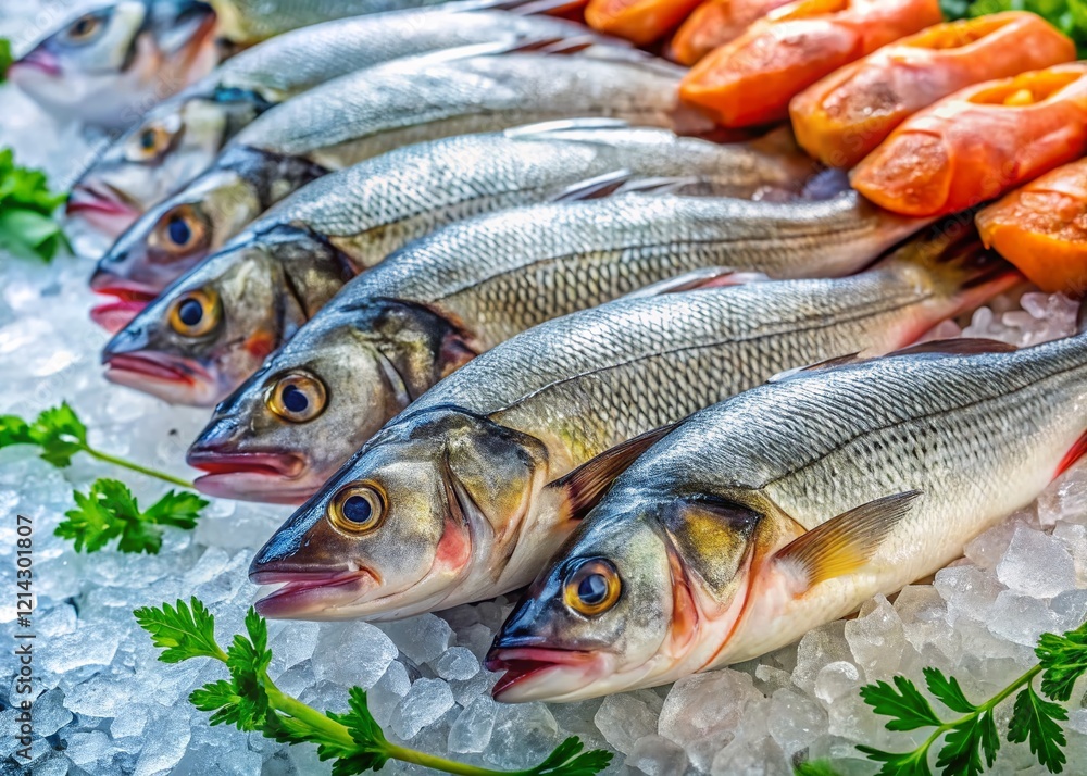 Fresh Frozen Sea Bass & Raja Skate Fish Fillets on Ice in Greek Fish Market Fresh Frozen Sea Bass & Raja Skate Fish Fillets on Ice in Greek Fish Market