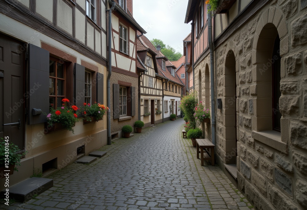 Fototapeta premium Alley with timber-framed houses and blooming flowers