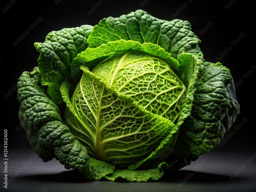 Obraz premium Fresh Green Cabbage Isolated on Black Background - High-Resolution Stock Photo