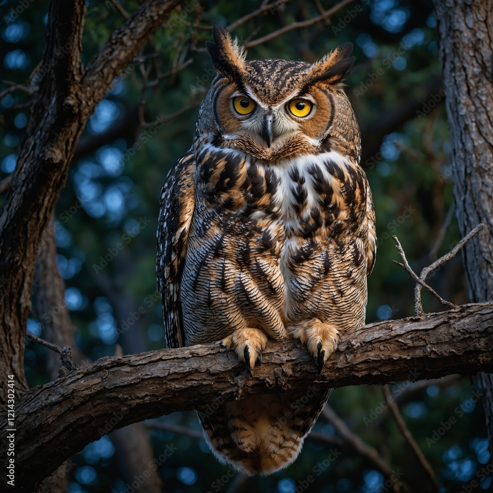 Obraz premium great horned owl on branch.A majestic owl perched on a branch with a dark, blurred background, showcasing its sharp eyes and intricate feathers.