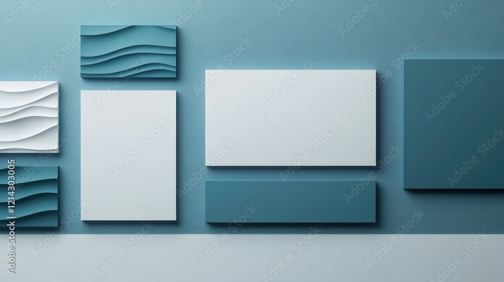 top down view of wave-inspired geometric designs in bold blues and whites arranged dynamically on clean surface top down view of wave-inspired geometric designs in bold blues and whites arranged dynamically on clean surface