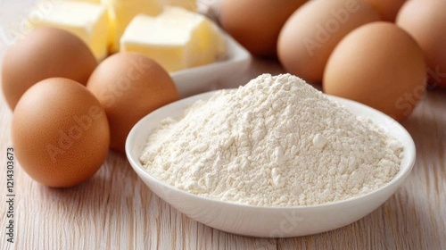 Baking essentials: flour, eggs, and butter on a kitchen countertop