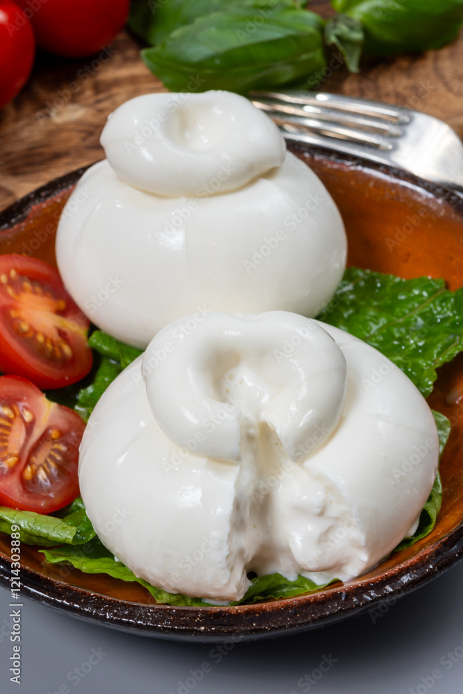 Cheese collection, eating of fresh soft white burrata cheese ball made from mozzarella and cream from Apulia, Italy, close up Cheese collection, eating of fresh soft white burrata cheese ball made from mozzarella and cream from Apulia, Italy, close up