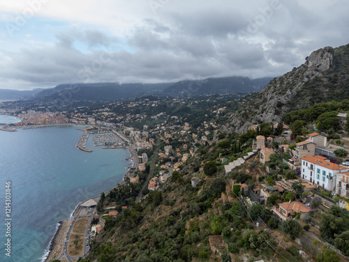 Colourful view on Italian Riviera and blue Mediterranean Sea from French-Italian border in Grimaldi village, Ventimiglia near San-Remo, travel destination, panoramic view