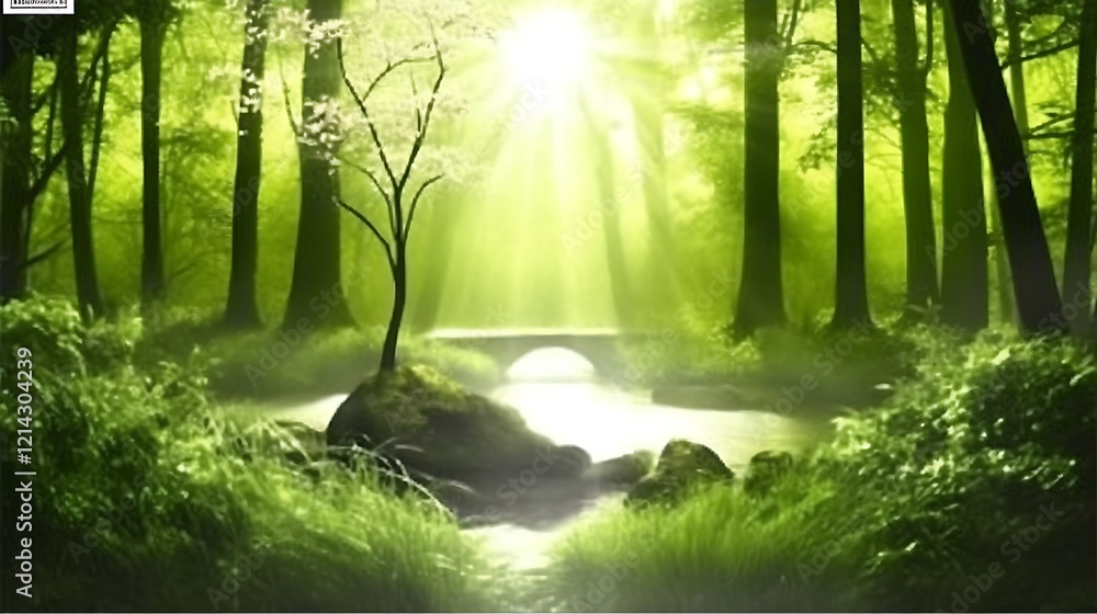 Fototapeta premium Sunlit forest stream with bridge.