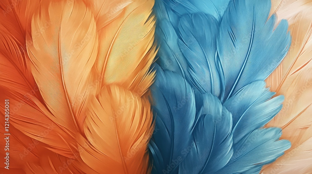 Fototapeta premium Bright orange and blue feathers arranged side by side, highlighting their contrasting hues and soft texture