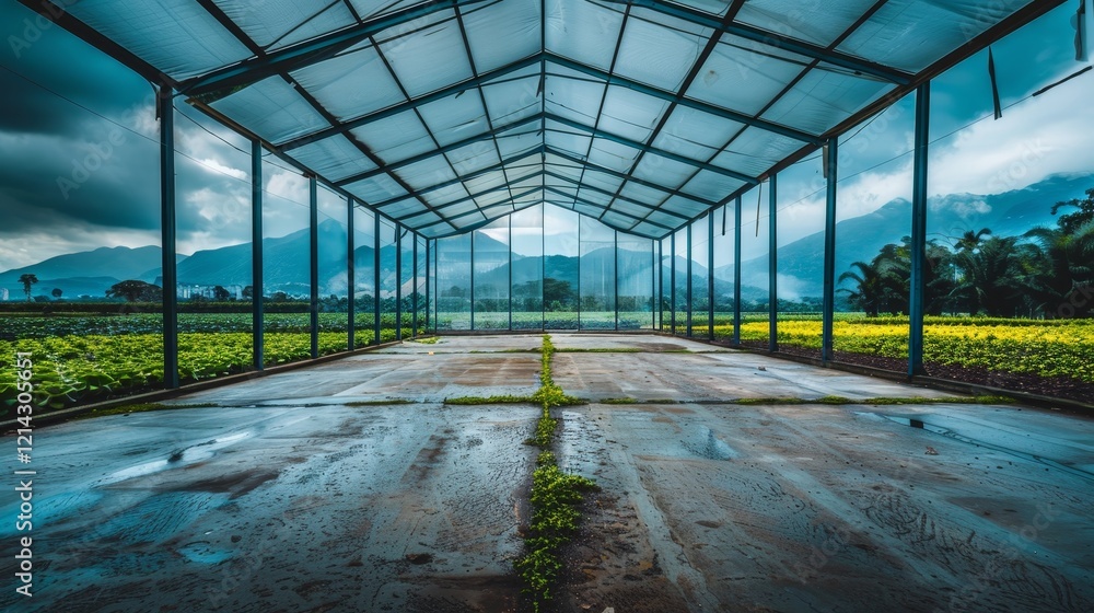 Contemporary greenhouse features rectangular supports with rows of lush lettuce and vegetables