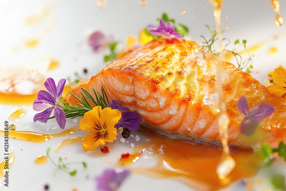 Golden salmon steak with vibrant edible flowers, rosemary, and sauce creates a captivating culinary presentation