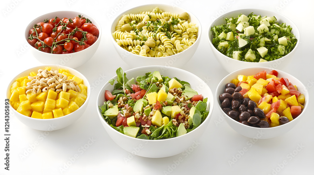 Array of colorful salads featuring vegetables, grains, and greens. Array of colorful salads featuring vegetables, grains, and greens.