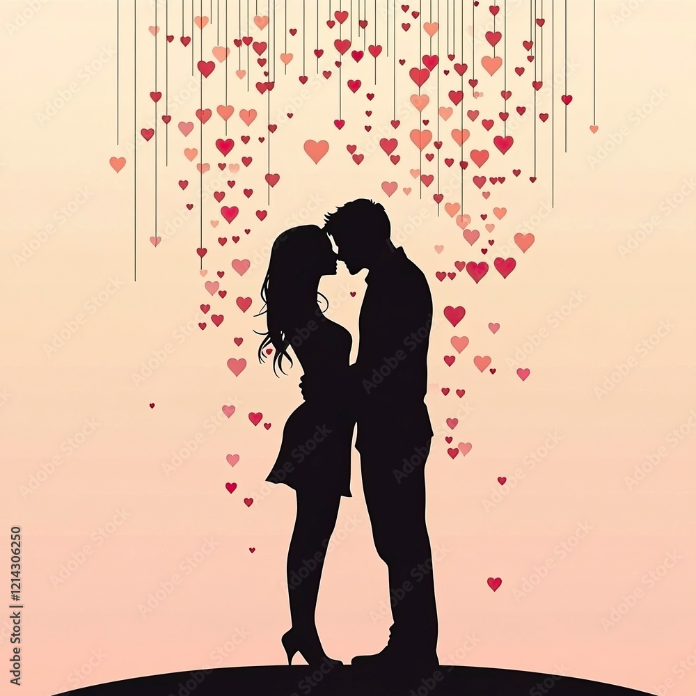 Couple Kissing Silhouette Under a Rain of Hearts, Valentine’s Day, valentine' silhouette Couple Kissing Silhouette Under a Rain of Hearts, Valentine’s Day, valentine' silhouette