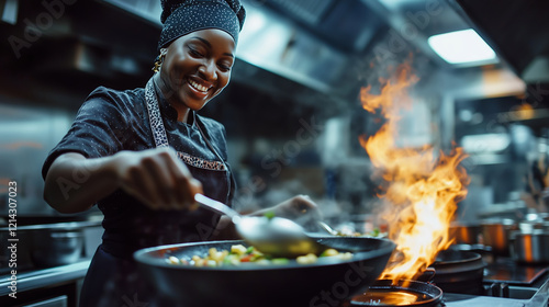 A black woman chef stirs a colorful vegetable dish in a busy kitchen with flames. Female African-American chef cooking vegetables in a lively restaurant kitchen filled with fire flames.