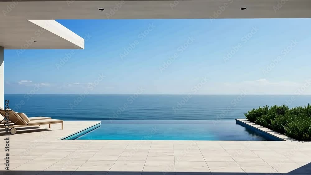 Luxury villa, infinity pool and ocean view with relaxation, summer and architecture for resort, holiday or travel design Luxury villa, infinity pool and ocean view with relaxation, summer and architecture for resort, holiday or travel design