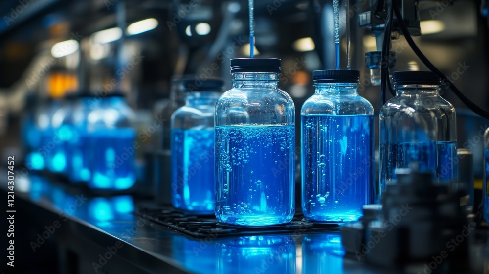 Laboratory featuring brightly lit glass jars filled with vibrant blue liquid for experiments Laboratory featuring brightly lit glass jars filled with vibrant blue liquid for experiments
