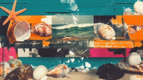 Colorful beach scene with shells and starfish. photo