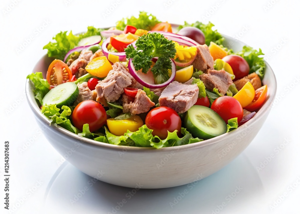 Fresh Tuna Salad Bowl: Healthy Seafood Lunch on White Background Fresh Tuna Salad Bowl: Healthy Seafood Lunch on White Background