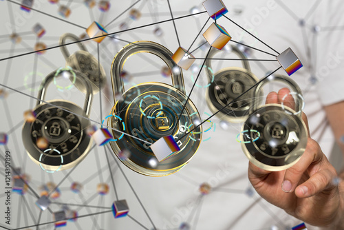 Security Shield concept, data protection. Shield with dots and lines connectio photo