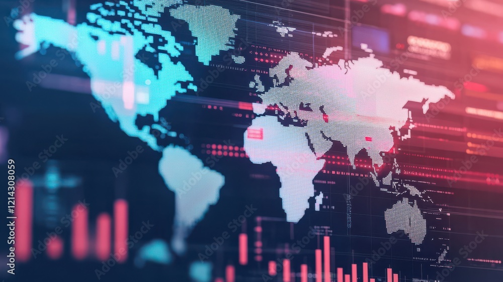 A digital world map overlaid with data metrics and graphs, showcasing technology and globalization in a visually engaging manner. A digital world map overlaid with data metrics and graphs, showcasing technology and globalization in a visually engaging manner.