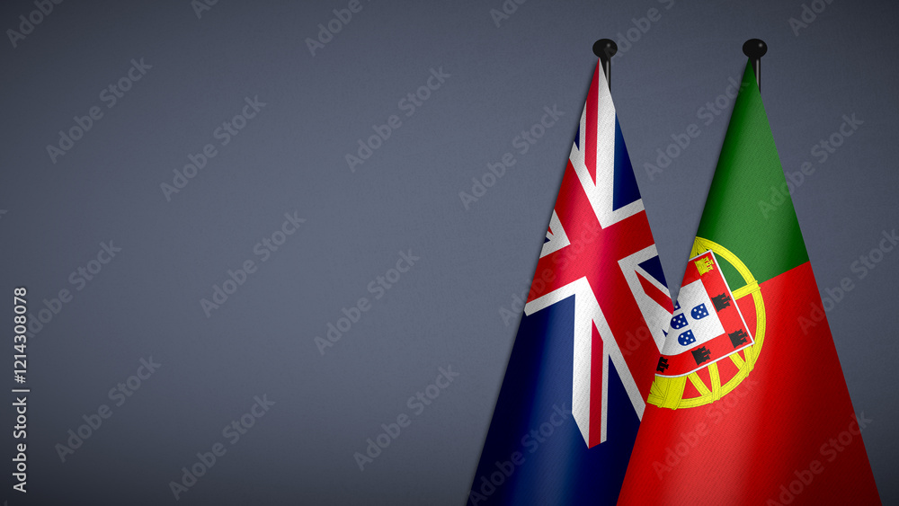 Fototapeta premium 3D rendering of two flag from Portugal and Australia on flagpoles with Gray background for diplomatic. bilateral relations. peace and conflict between countries. Fabric