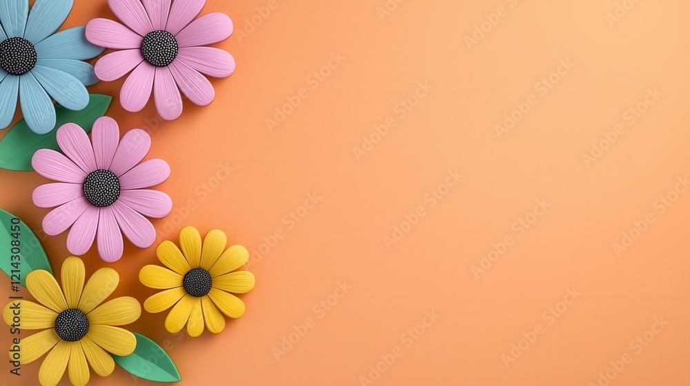 Naklejka premium A photostock of vibrant 3D flowers in colorful pastel hues, arranged in a cheerful pattern on a warm peach background, evoking a springtime vibe. High Quality