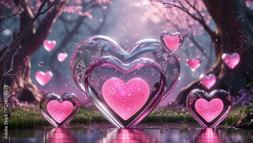 Beautiful Pink Blooms in Trio of Glass Heart Sculptures.Glossy pink heart shape on a soft Gradient,Symbolizing love and affection in a modern.Very most of the popular art,celevration for valantine day
