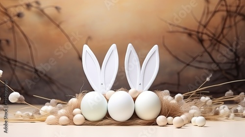 easter bunny ears white eggs on isolated pastel background with copyspace