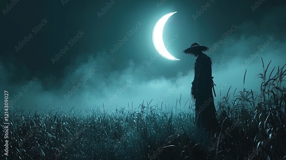 Fototapeta premium Scarecrow in a dark cornfield under a crescent moon, eerie atmosphere, shadows everywhere