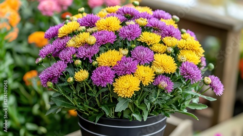 Wallpaper Mural Vibrant Purple and Yellow Chrysanthemum Bouquet in a Black Pot Torontodigital.ca