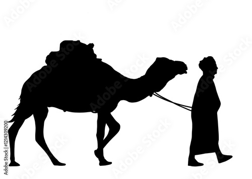 Silhouette of a camel being led by its owner