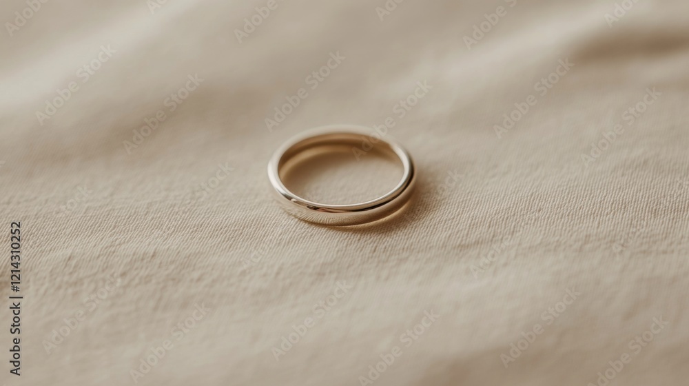 Simple silver wedding band on beige fabric. Simple silver wedding band on beige fabric.
