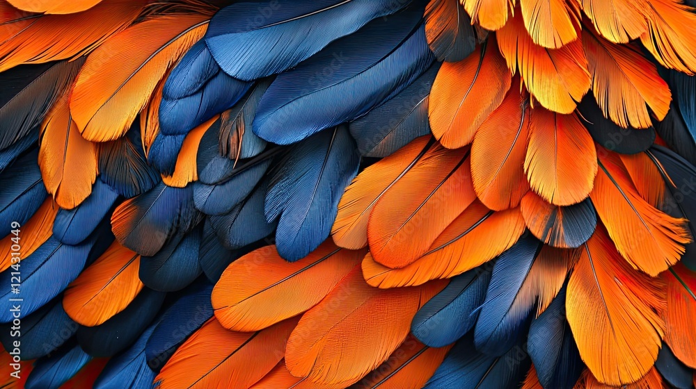 Obraz premium Close-up of bright orange and blue feathers overlapping, showcasing their vibrant colors and intricate details