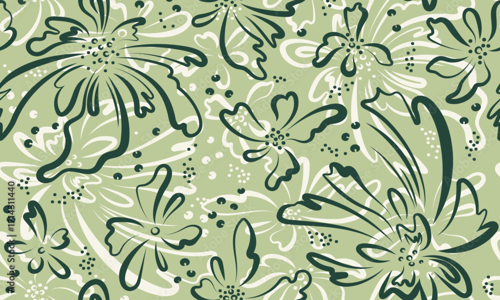 Fototapeta Seamless pattern with abstract floral print. Flowers drawn in dark olive green ink light background. Creative artistic texture for fabric, packaging, textiles, wallpaper, clothing.