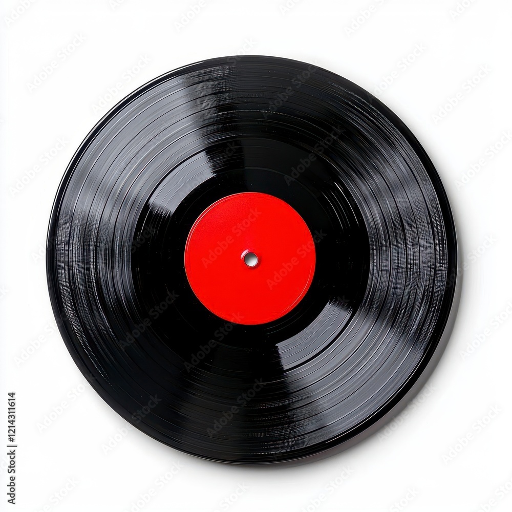 Obraz premium A photostock of a classic black vinyl record with visible grooves, lying flat on a white background, representing music and retro vibes. High Quality