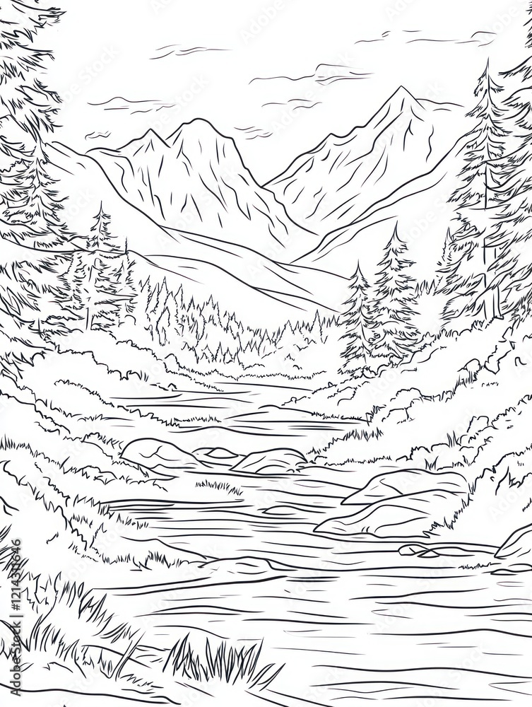 Serene Mountain River Landscape Coloring Page Design Serene Mountain River Landscape Coloring Page Design