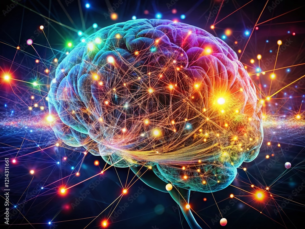 Futuristic AI Brain: Neural Network, Digital Brain, Night Photography, Data Streams, Advanced Technology