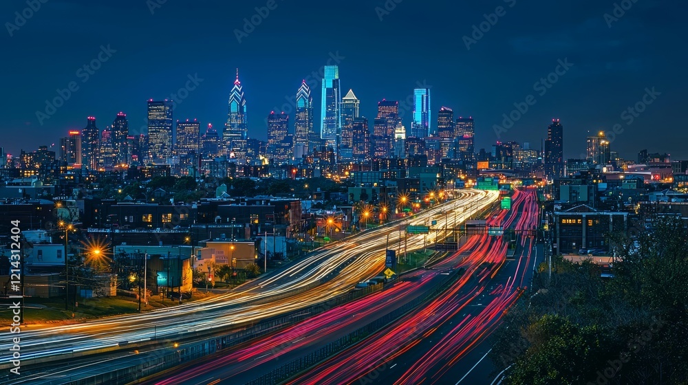 Naklejka premium Vibrant City Skyline with Dynamic Highway Lights at Night