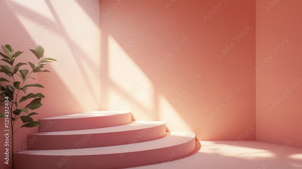 Obraz premium Minimalist Pink Room with Sunlight and Circular Steps