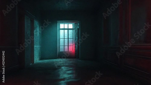 Dark, eerie hallway with a window emitting a pale light. Red and teal hues create a suspenseful and mysterious atmosphere. Perfect for horror, thriller, or mystery projects.
