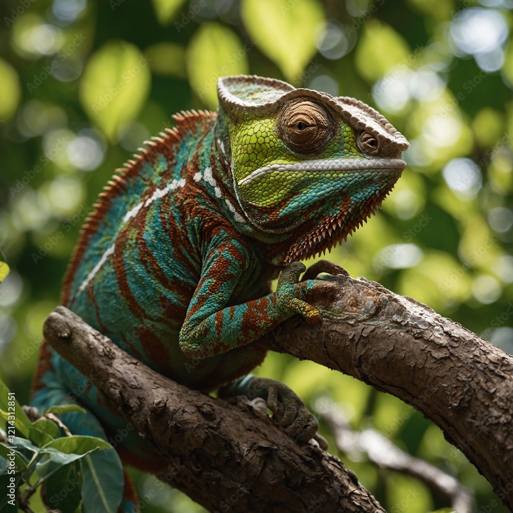 Fototapeta premium Veiled chameleon standing on a rock.A vibrant chameleon perched on lush green leaves, showcasing its colorful scales. 