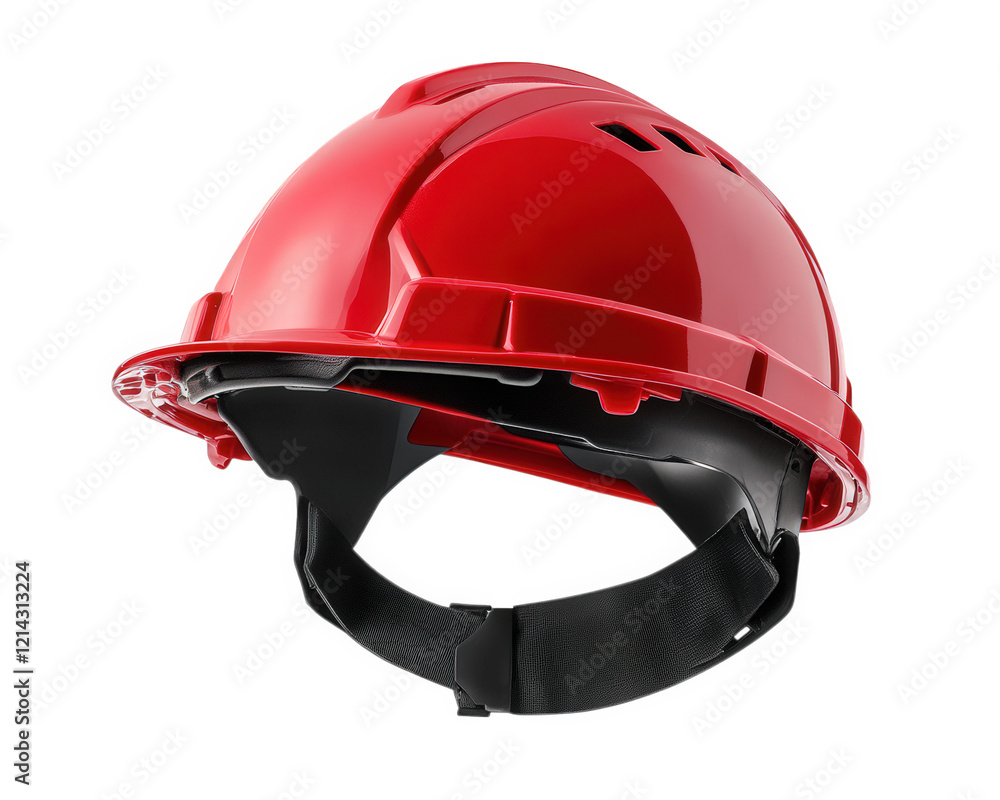 Fototapeta premium bright red construction hard hat designed for safety and protection on job sites. This durable helmet features comfortable fit and is essential for workers in various industries