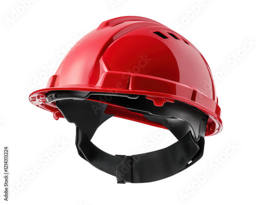 bright red construction hard hat designed for safety and protection on job sites. This durable helmet features comfortable fit and is essential for workers in various industries photo