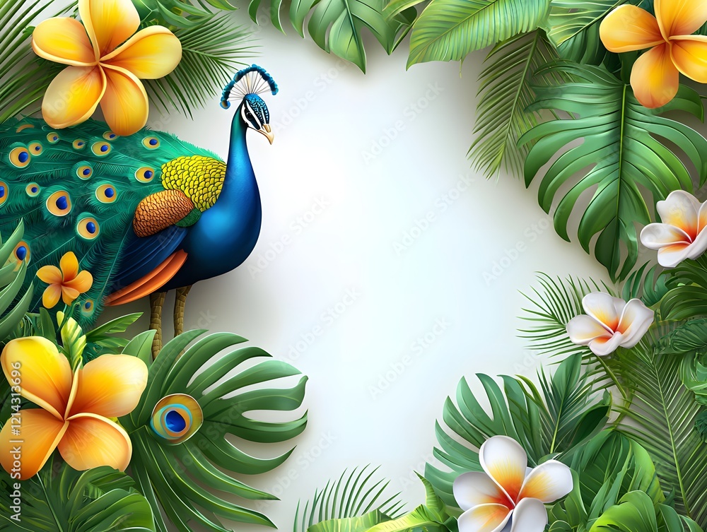 Naklejka premium Vibrant Tropical Peacock Surrounded by Lush Floral Foliage and Exotic Plants