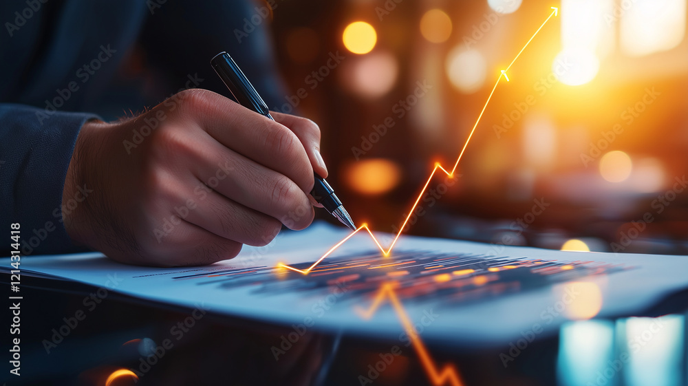 businessman hand is writing on document with pen, illustrating growth with rising graph. warm light creates professional atmosphere businessman hand is writing on document with pen, illustrating growth with rising graph. warm light creates professional atmosphere