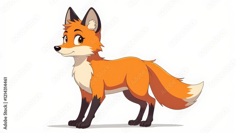 Obraz premium A vibrant animated fox with an orange body, white chest, and black legs stands on all fours, gazing left. Its white-tipped tail adds charm as its head turns ever so slightly leftward, capturing curios