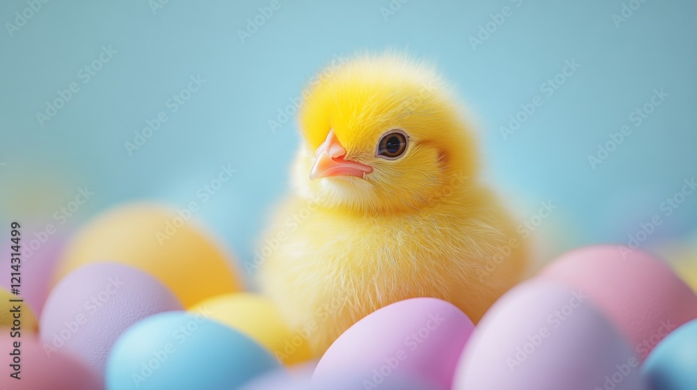 A chick and Easter eggs A chick and Easter eggs