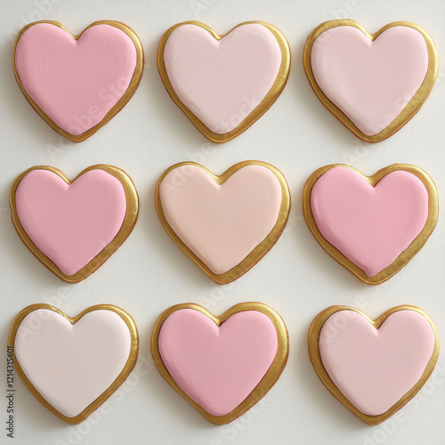 Heart shaped cookies with pink and gold icing arranged neatly