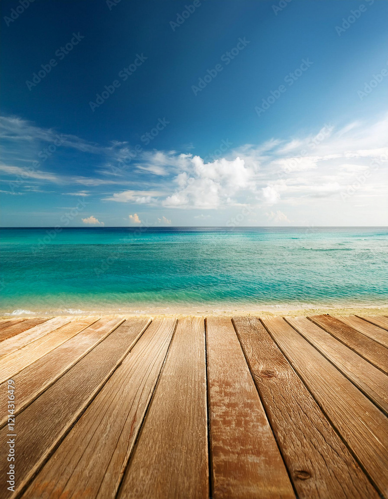 Fototapeta premium Tranquil Beach Scene Wooden Deck, Blue Ocean, Sandy Shore, Generated image