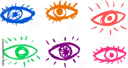 Eye Icon Crayon Chalk Drawing Vector Set
