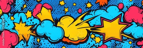 Wallpaper Mural Dynamic comic book pop art pattern featuring vibrant lightning, explosive bursts, and colorful bubbles set against a bold blue background Torontodigital.ca