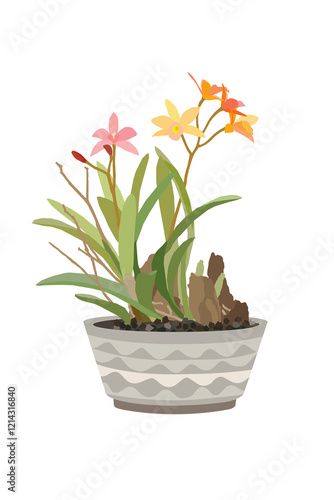 Wallpaper Mural Hand drawn gentle graphic style branch of colorful orchid tree in flowerpot isolated on white background Torontodigital.ca